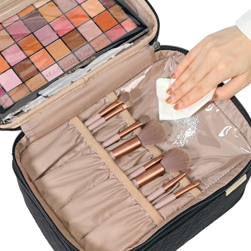 NISHEL Large Double Layer Travel Makeup Bag Women, Cosmetic Case, Organizer for Travel-Size Accessories Bottles, Brushes, Conditioner, and Skin Care Products, Black4