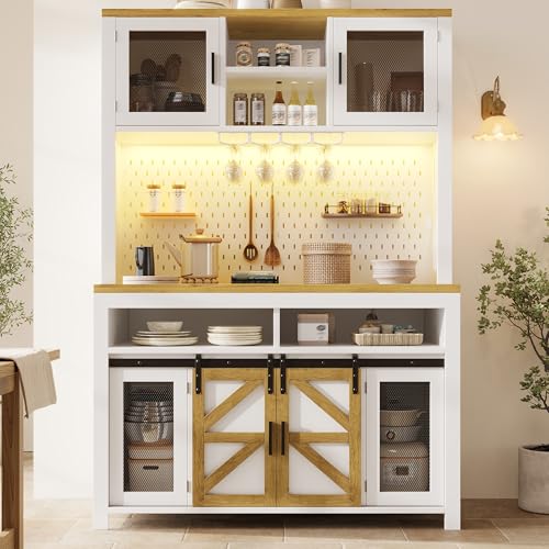 Kebnor Armario alto de cocina con puerto USB, espacio de almacenamiento multifuncional con amplia superficie de trabajo para cocina, comedor, aparadores con iluminación LED (blanco)