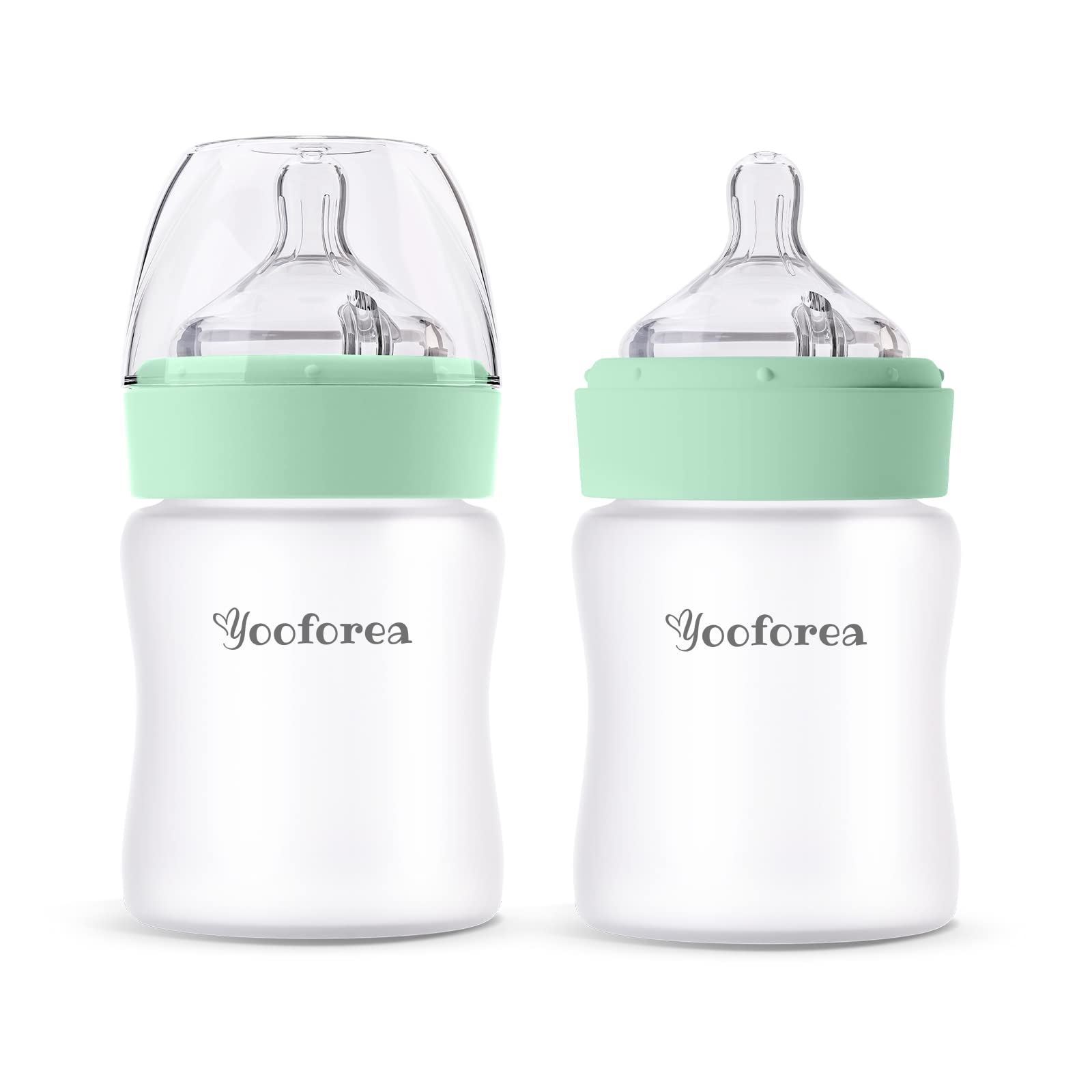 Yooforea Silicone Coated Glass Baby Bottle, 2M+ Medium Flow Nipple I Anti-Colic, Wide Neck, Stable Base I Medical-Grade Silicone Coating for Shatter Protection, BPA BPS PVC Free (2 Pack, 5 Ounce-Tea)