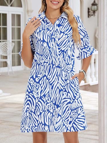 Image of FENSACE Womens Casual Shirt Dress Ruffle Sleeve Button Down Shift Summer Dresses with Pockets