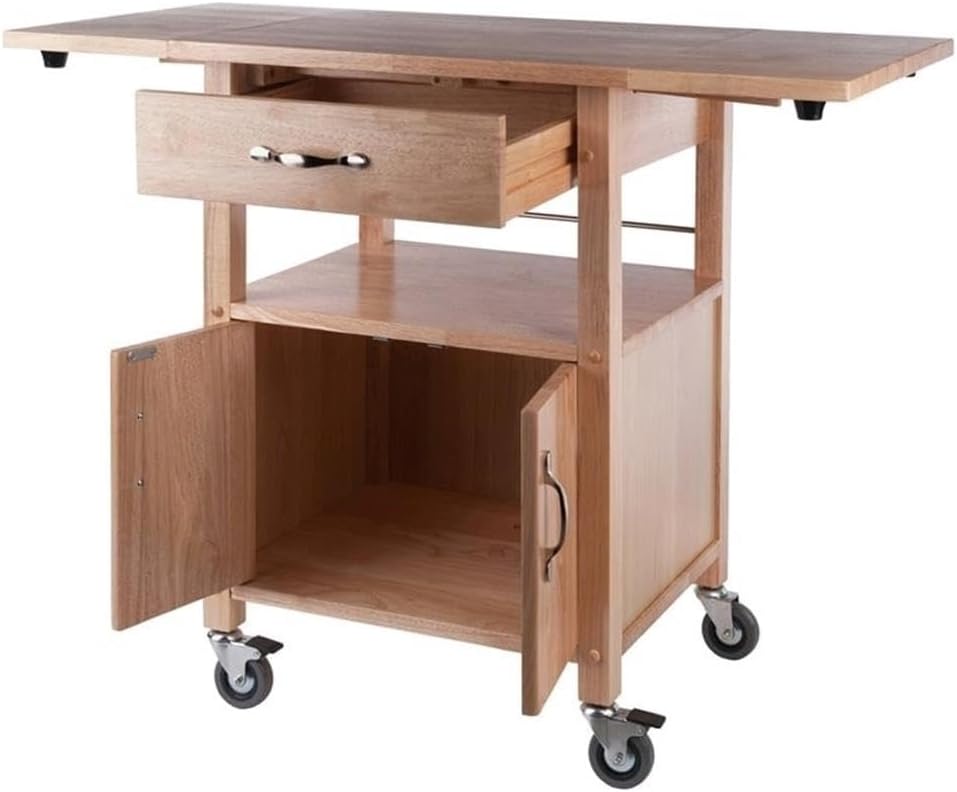 Pemberly Row Solid Wood Butcher Block Kitchen Cart, Natural Finish, Drop Leaf Countertops, Storage Cabinet with Drawer and Shelf, 43.27" W x 20.16" D x 33.27" H, Transitional Style for Kitchen Use