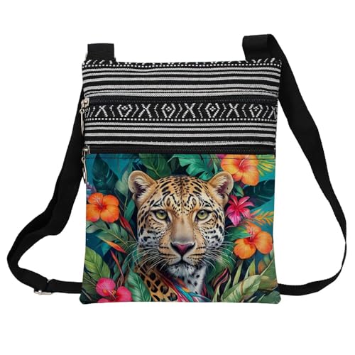 Floral Cheetah Messenger Bag Small Ethnic Pattern Printed Adjustable Strap Crossbody Zipper Bag Floral Cheetah Phone Bag Wallet Cute Shoulder Handbag for Women Friends -1