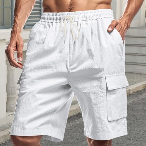 Image of Mens Linen Shorts Casual Drawstring Elastic Waist Cargo Vacation Lightweight Breathable Summer Beach Shorts for Men