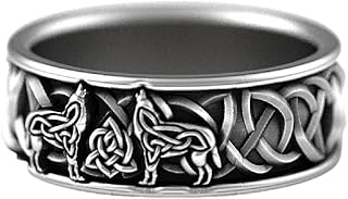 Wolf Ring for Men, Celtic Wolf Animal Ring Nordic Viking Wolf Head Ring Howling Wolf Ring Hip Hop Biker Ring Men’s Punk Wolf Cross Ring Jewelry Gift Father's Day Accessories