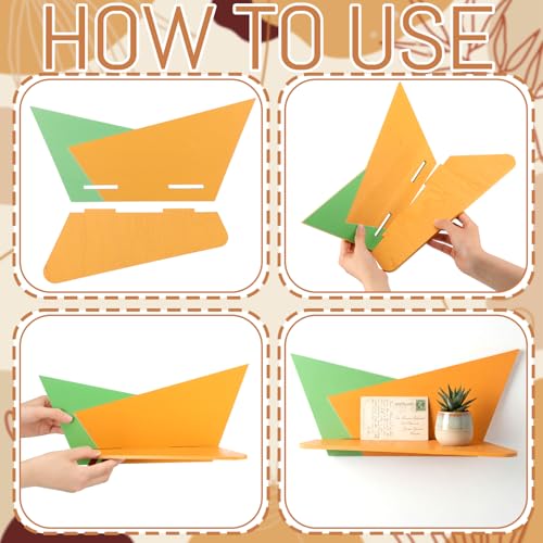 Image of Threehoney Mid-Century Modern Wall Set of 4 Colorful Floating Display Shelves Retro Style Starburst Wall Mounted Shelves Storage for Bedroom, Living Room Decor(Folding Geometry)