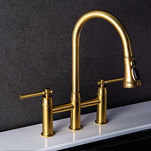 Brushed Gold Bridge Kitchen Faucet With Pull Down Sprayer, Lava Odoro Transitional Brass Kitchen Sink Faucet 3 Hole 2 Handle Spot-Resistant, Lead-Free, Kf501-Sg #TOP7