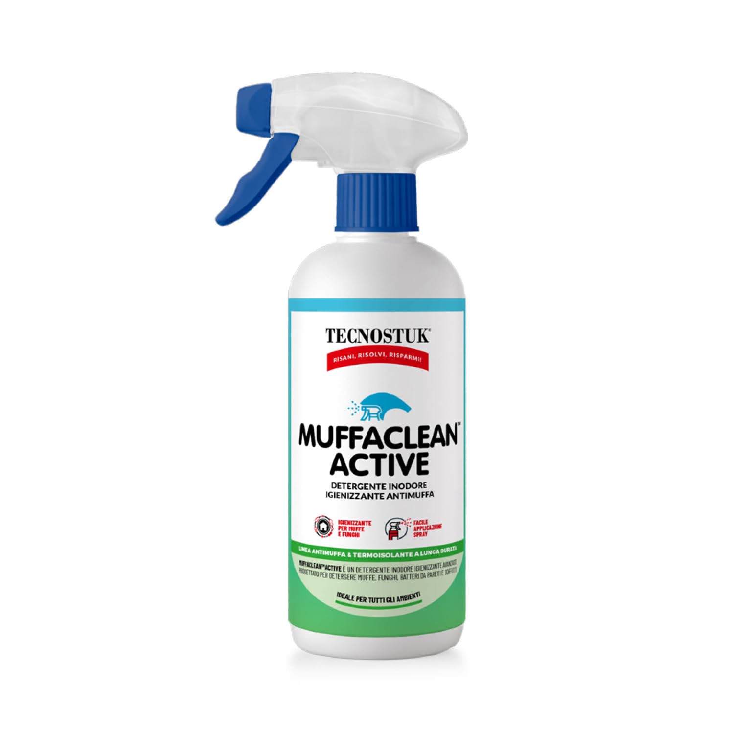 TECNOSTUK MuffaClean Active 1L. – Detergente Igienizzante Inodore ad Azione Rapida per Muffe e Funghi – Spray Professionale per Pareti e Soffitti Interni