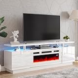 AMERLIFE Fireplace TV Stand with 36' White Fireplace, 70' Modern High Gloss Entertainment Center LED Lights, 2 Tier TV Console Cabinet for TVs Up to 80', White & White