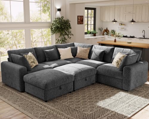 Image of Ihanherry Oversized Cloud Sectional Couches for Living Room, Modular Sectional Sofa with Wide Deep Seat, Coner Couch with Throw Pillow and Storage Ottoman, Dark Grey
