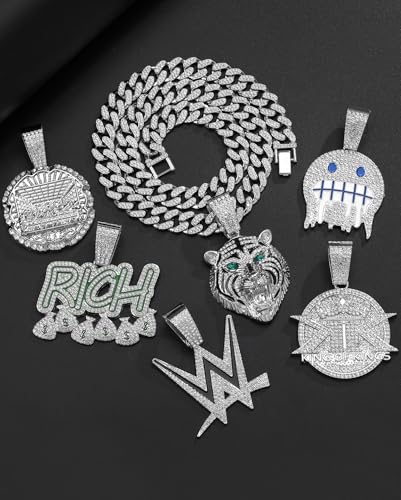 ​Lced Out Diamond Cuban Chain for Men | Hip Hop Miami Link Necklace Silver & Gold Plated Options with Pendant, 7-Pack Gift Set3