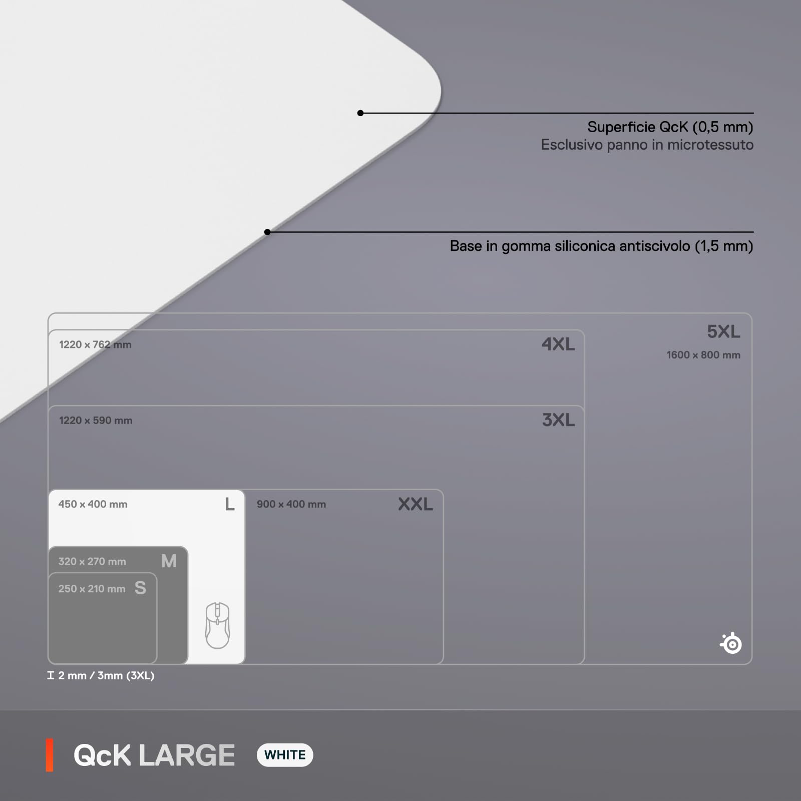 SteelSeries QcK Mousepad Grande - White - Base in gomma siliconica no-slip - Tracking e stabilità top - Ottimizzato per sensori di gioco - 450mm x400mm - FPS, MOBA, RTS, MMO