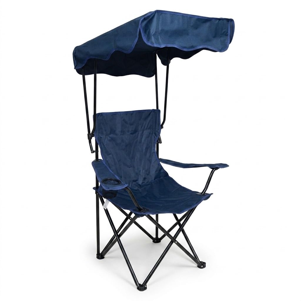 Sedia da Campeggio Pieghevole con Parasole Blu Regolabile e Portabicchiere Tessuto Oxford Poltrona Portatile per Mare Pesca e Montagna RICHIUDIBILE PER UN FACILE TRASPORTO