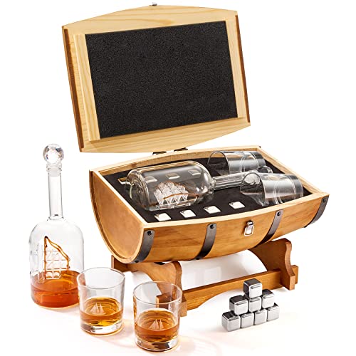Large Barrel Bar Gift Set For Men In Beautiful Handcrafted Whiskey Gift Box | Liquor & Wine Decanter, 8 Whiskey Rocks Chiller Stones, 2 Glasses | Dads, Boyfriend - 16" X 8" X 15" Gifts For Dad #TOP6
