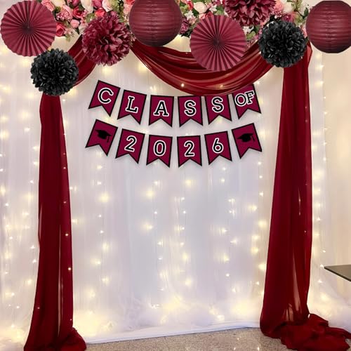Image of Maroon Graduation Party Decoration Class Banner Hanging Pom Poms Flowers High School College Grad Supplies