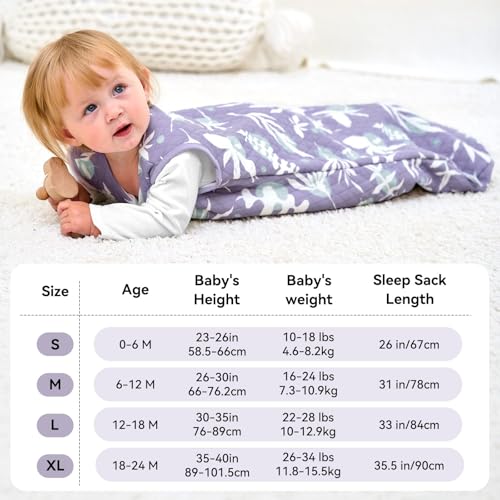 Image of Unnivoll Baby Sleep Sack 0-6 Months 1.5 Tog Baby Wearable Blanket 100% Cotton Fabric Warm Sleeping sack with 2-Way Zipper Quilted for Infant Newborn Tog Purple Leaves