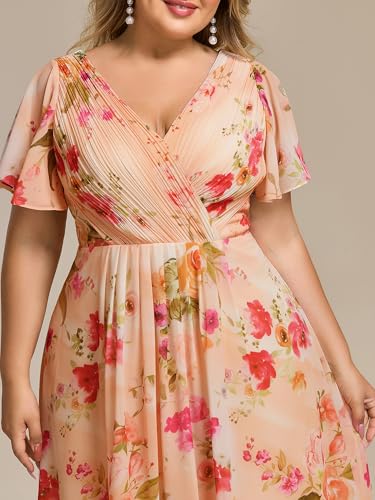 Image of Ever-Pretty Plus Summer Short Sleeves V-Neck Formal Wedding Guest Dresses for Curvy Women Chiffon Midi Cocktail Party Dress