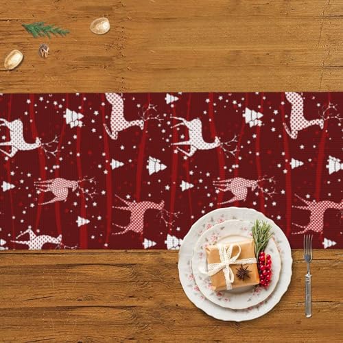 Chemin de table antidérapant haut de gamme avec pompons et motifs cerfs de Noël