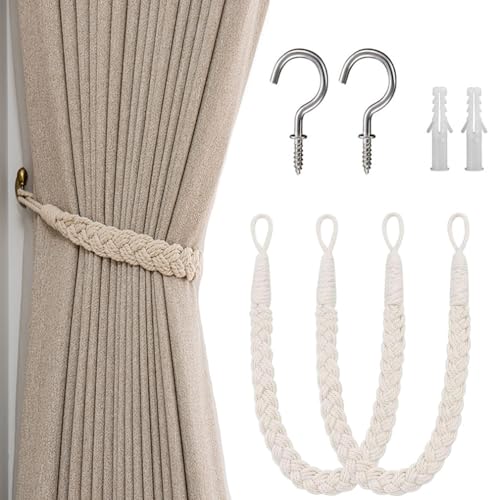 2PCS Curtain Holdbacks Rope Curtain Buckle Boho Style Decor Drape Tie Backs Soft Hand-Woven Double Rope Curtain Holdbacks with Metal Hook for Living Room Bedroom Cafe Office Drapery (Beige)