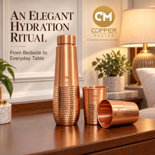 Image of Copper-Master Pure Copper Water Bottle 1L & 2 Glasses Set, Half Hammered