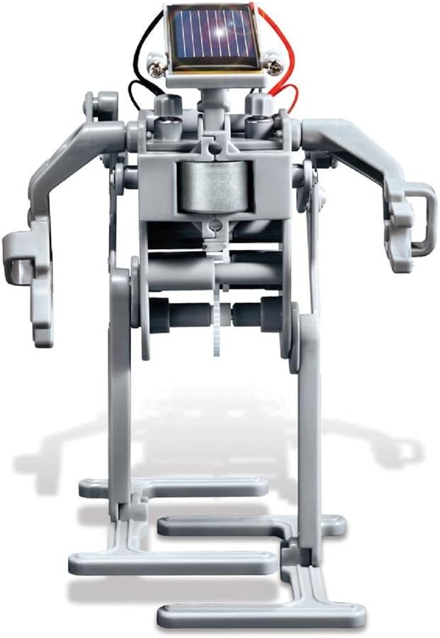 Front view of the fully assembled 4M Green Science Solar Robot, showing its head, body, and legs.