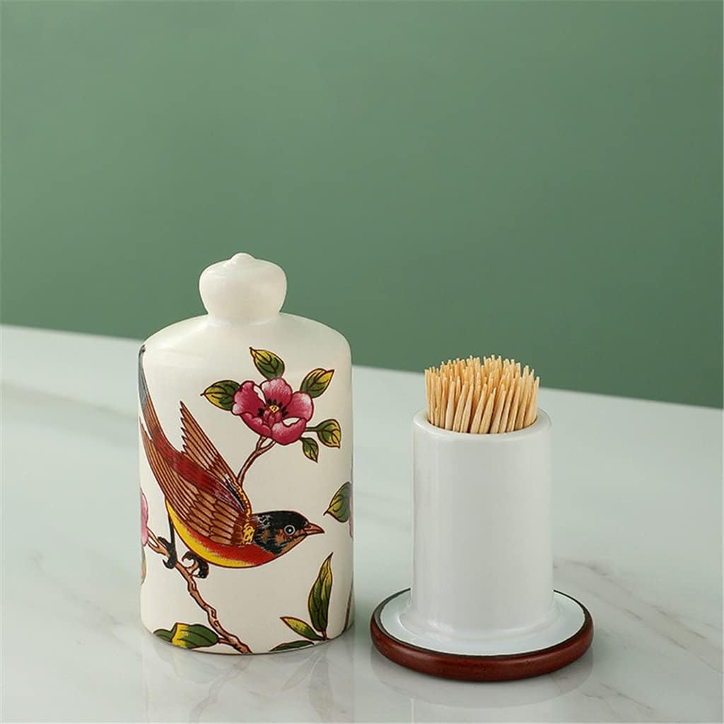 Flower Pattern Ceramic Toothpick Holder with lid Cotton Swab Box Storage Box Home Desktop Storage Box(E)