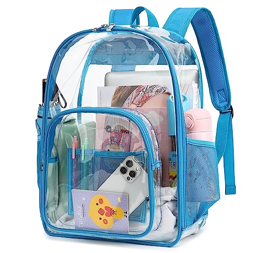Kouxunt Clear Backpack Men Women Heavy Duty PVC Plastic Transparent School Backpack See Through Bookbags for Teen Girls Boys (Peacock Blue)