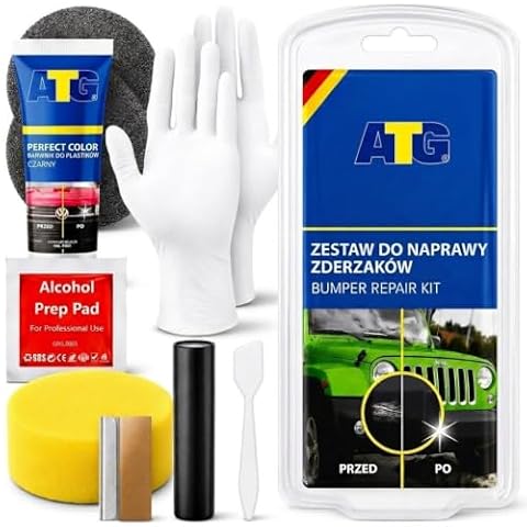 ATG® Zestaw do naprawy plastiku samochodowego – czarny renowator zderzaka, naprawa rys i zarysowań na plastiku, farba do plastiku zewnętrznego, zestaw naprawczy do auta