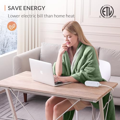 Image of HOMLYNS LuxeHeat Heated Blanket Electric Blanket, Soft Flannel Sherpa Heated Throw, Heating Blanket with 5 Heat Settings, 3 hrs Timer Auto Shut Off (50x60 inches, Green), Only for 120V Voltage Use