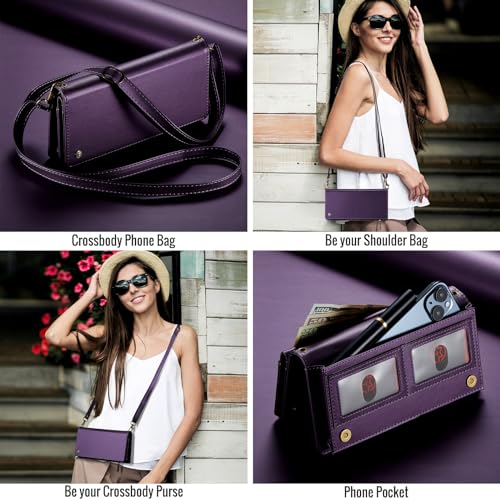 COVO Small Crossbody Bags for Women - RFID Blocking Clutch, Cell Phone Purse, Phone Purses with Crossbody Strap, Fits 6.1-6.7 Inch Phones, PU Leather Magnetic Strap - for Women and Men-PURPLE2