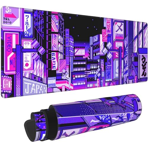 Image of Printed Gaming Mousepad - Premium Stitched Edges, Smooth Surface,Size 11x23 inches, Non-Slip Rubber Base - Ideal for Office & Gaming Setup (Dark Purple Tokyo Street Pixel)
