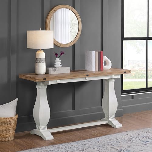 Martin Svensson Home Napa Solid Wood Pedestal Flip-Top Sofa Console Table, White and Driftwood, 60 inches x 18 inches x 30 inches