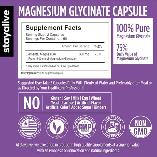 Image of STAY ALIVE Magnesium Glycinate Supplement, High Absorption, 120 Capsules for Muscle Recovery & Sleep Support, Non-GMO & Gluten Free Chelated Magnesium Supplement for Women and Men