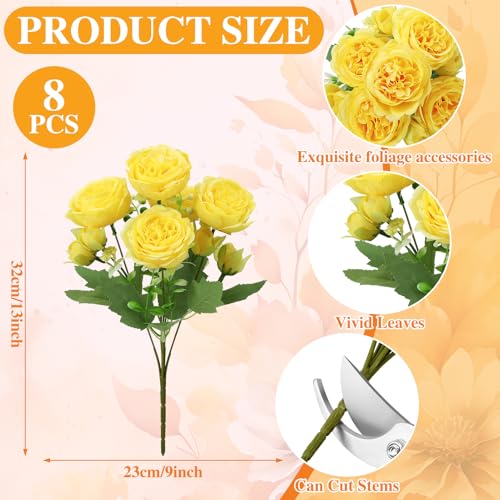 Image of 8 Pack Yellow Peonies Artificial Flowers, Fake Silk Hydrangea Bouquet for Bridal Wedding Home Table Decor Reusable Dining Opening Ceremony Birthday Arrangement Faux Floral