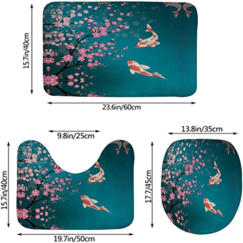 Badezimmerteppich-Set, 3-teilig, Florale Kirschblüten-Blumen, Koi-Fische, waschbare Badteppiche, rutschfest, mit Rückenpolster, Konturteppich und Toilettendeckelbezug – Bild 3