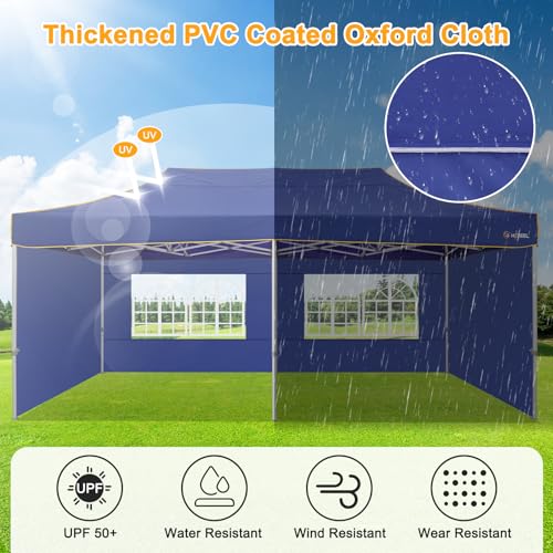 Image of HOTEEL 10x20 Heavy Duty Pop Up Canopy Tent with 4 Sidewalls, Commercial Outdoor Canopy Tents for Parties Event Wedding with Roller Bag, Waterproof & UV 50+, Upgraded Thick Hexagonal Legs, Deep Blue