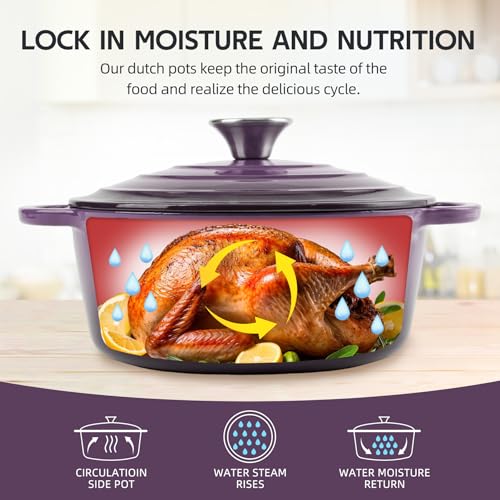 Image of Dutch Oven Enameled Cast Iron with Lid - Big Dual Handles - Oven Safe up to 500F - Classic Round Pot for Versatile Cooking (Purple, 3 QT)