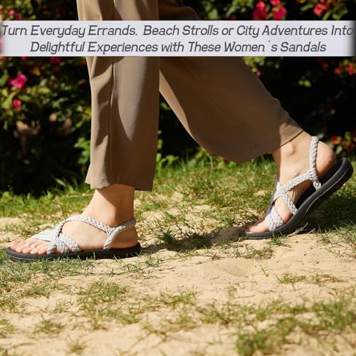 MEGNYA Comfortable Classic Women's Walking Shoes, Soft Hand-Woven Strap Sandals for Shock Absorber, Wadable Slide Sandals for Summer Beach Boating Urban Grey Size 7