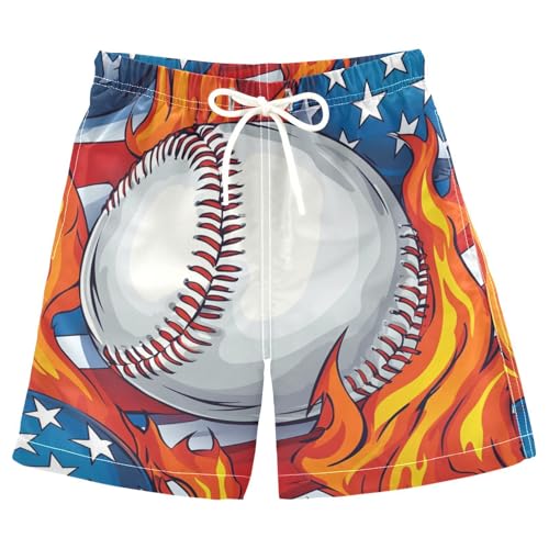 Boys Beach Board Shorts America Baseball Flag Fire Swim Trunk Teen Swimwear