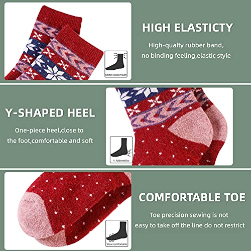 Image of Velice Wool Socks for Women Merino Wool Boot Hiking Thick Thermal Warm Winter Crew Cushion Cozy Work Socks 5 Pairs