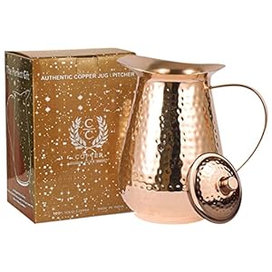 Pure Copper Water Pitcher with lid, 100% Solid Copper Jug, Capacity 70 Oz, Copper Hammered Vessel, Copper Carafe For Ayurveda Health, Healing Benefit, Home, Hotel & Gifting