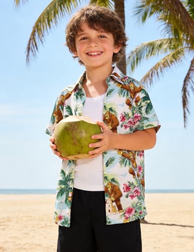 Image of Boys Hawaiian Shirt Kids Button Down Aloha Beach Hawaii Tops 5-14Y | Quick Dry, Breathable, Cooling & Lightweight, For Summer Vacation Holiday, Fourth of July, Youth, Teen, Shark, Dinosaur