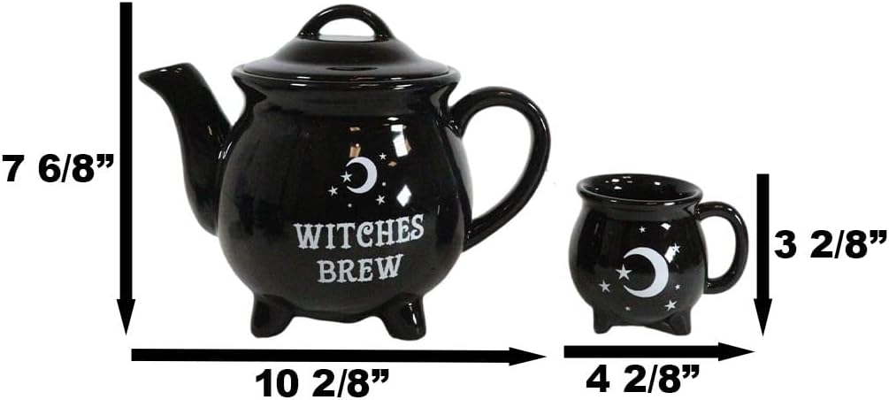 Ebros Gift Wicca Witchcraft Sacred Crescent Moon And Stars Witches Brew Black Cauldron Teapot And 4 Mug Cups Coffee Tea Pot Drink Cup Mugs Set