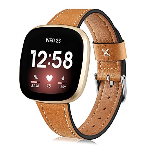 Fintie Genuine Leather Bands Compatible with Fitbit Versa 3 / Fitbit Sense, Premium Soft Leather Watch Strap Replacment Wrist Band with Black Metal Buckle, Brown