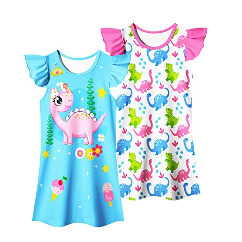 Lqsz Girls Nightgowns Dinosaur Nightdress Nightie Sleepwear Pajamas Flutter Short Sleeves Nightgowns For Little Girls 6 7T #TOP12