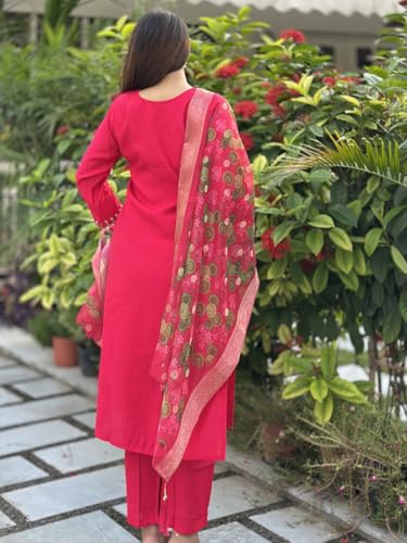 Image of VredeVogel Women's Beads Embroidered Silk Blend Kurta Pant Set with Organza Dupatta | Perfect for Festive & Casual Ethnic Kurta Set for Women