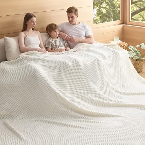 Bedsure Lightweight 100% Cotton Waffle Blanket, Oversized King, Ivory