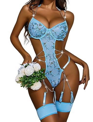 Avidlove Women's Lingerie Floral Embroidered Bodysuit Push Up Lingerie Set Sexy Mesh Teddy Lingerie Sky Blue L