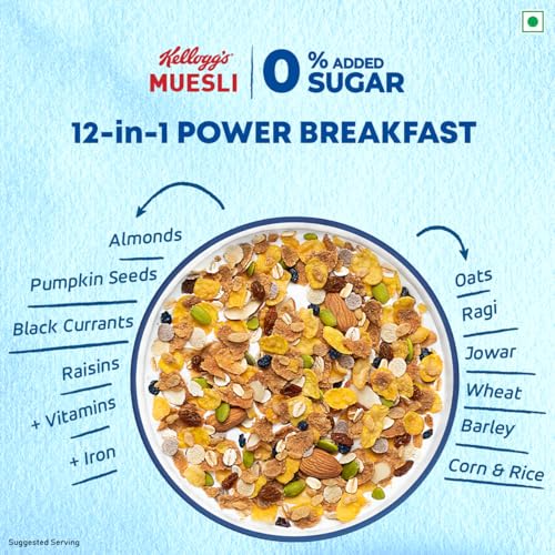 Kellogg's Muesli 0% Added Sugar 500 G | 12-In-1 Power Breakfast | India's No. 1 Muesli