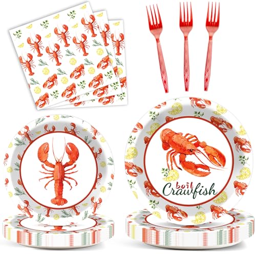 Image of Qyeahkj 100 Pcs Crawfish Boil Party Plates and Napkins Set Crawfish Party Decorations Supplies Lobster Seafood Shrimp Boil Tableware Crawfish Crab Party Favors for Birthday Baby Shower Serve 25