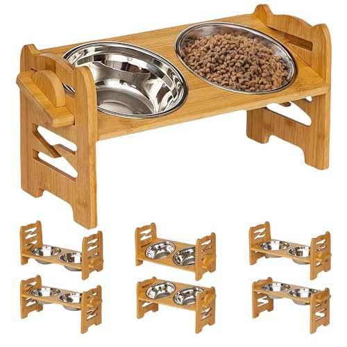 WIYETY Ciotola per cani rialzata a 4 altezze: mangiatoia in legno con 2 ciotole in acciaio inox, mangiatoia per cani, ciotola regolabile per cani di taglia grande media